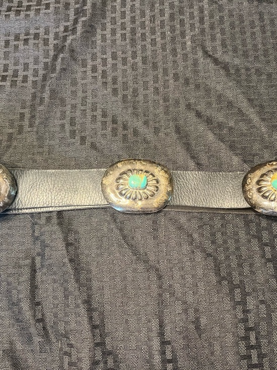 Gale Self Navajo Artisan Accessories - Navajo Vintage Black Leather Belt with 3 Sterling SilverTurquoise-Accent conchos